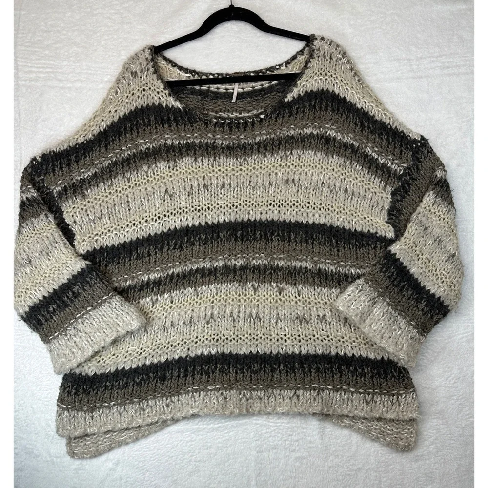 Free People Striped Sweater Womens Medium Grey Oversized Chunky Knit Pullover